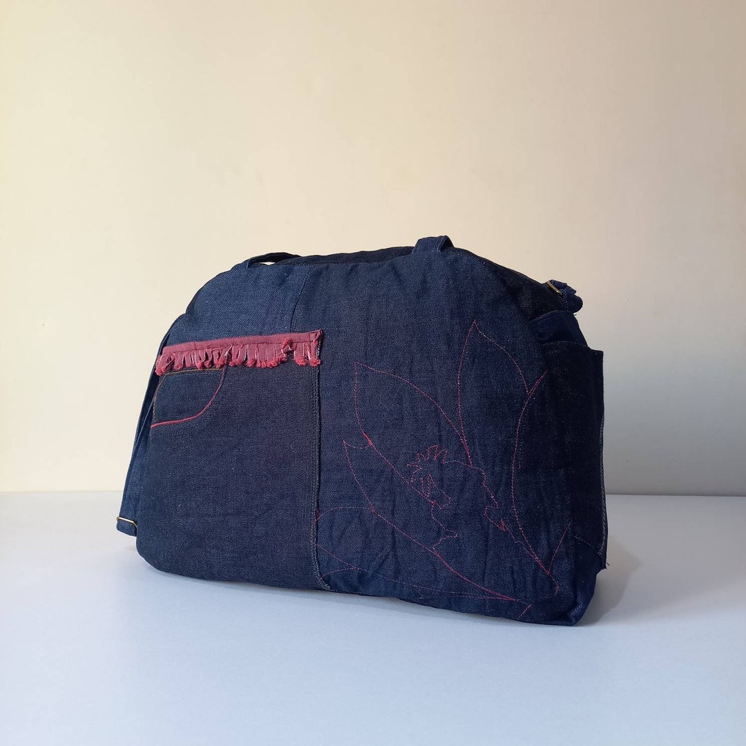 Handmade Frayed Denim Duffel Bag With an Adjustable Bag Strap