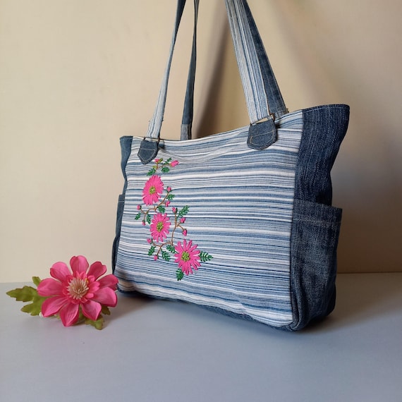 Chic Embroidered Floral Denim Weekender Tote for Women and Girls