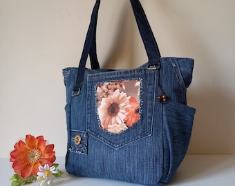 Upcycled Denim Patchwork Tote Bag: Floral Pockets, Zippered Shoulder Bag