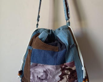 Sac en jean recyclé, sac à main avec cordon de serrage, petit sac à bandoulière, sac en patchwork, sacs hobo parfaits comme cadeau de fête des mères avec emballage cadeau gratuit