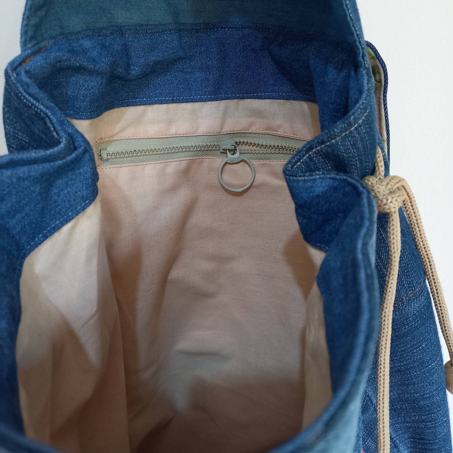 Handmade Original Design Upcycled Jeans Denim Drawstring Backpack Floral Lining Denim Drawstring Bag with Lining. Drawstring bags are so  main image 4