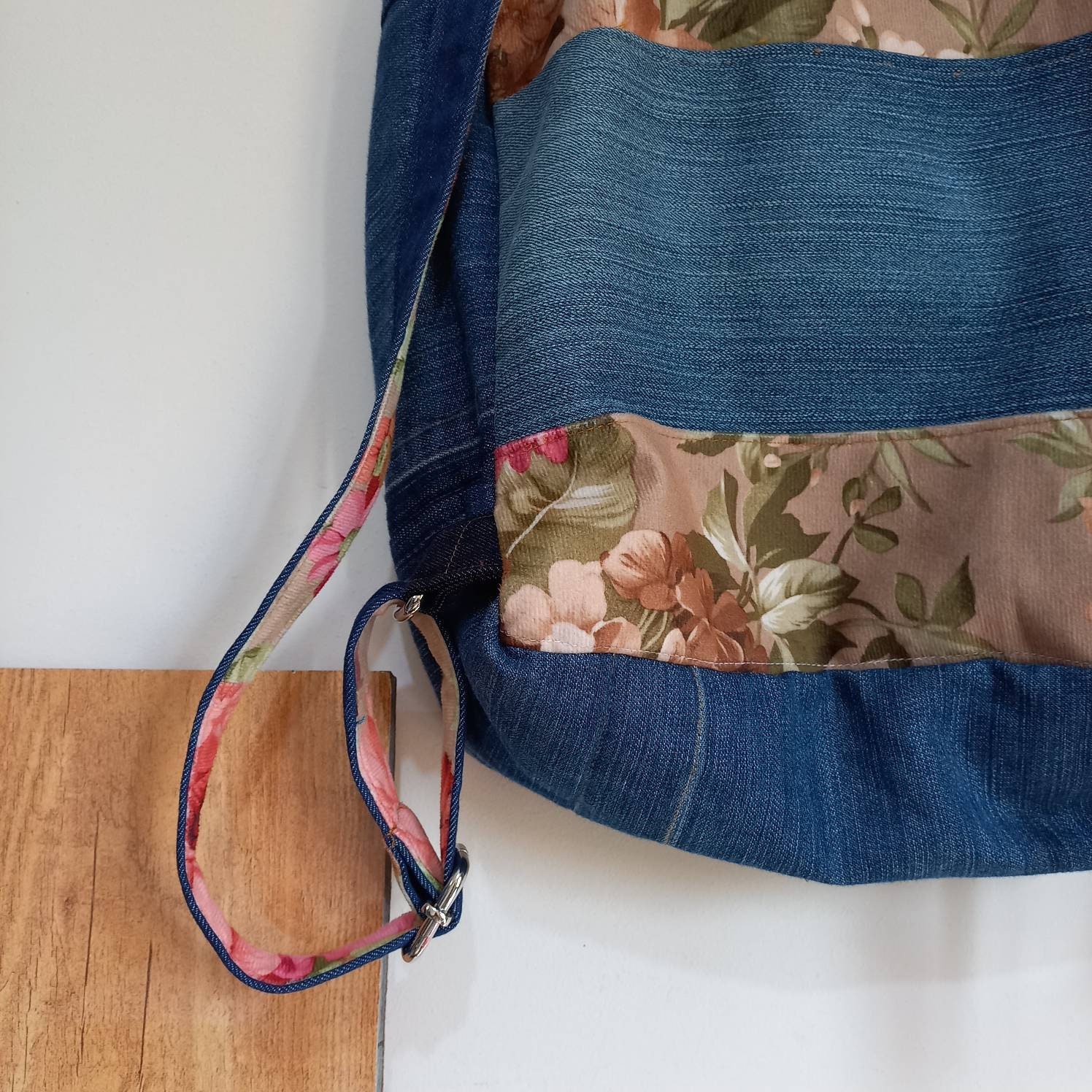 Upcycled Denim Backpack: Handmade Floral Patchwork Jeans Bag  display picture 3