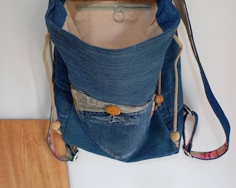 Upcycled Denim Backpack: Handmade Floral Patchwork Jeans Bag  display picture 3