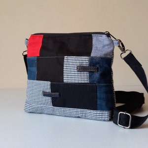 Bolsa transversal exclusiva em jeans patchwork com alça ajustável para mulheres e meninas, mini bolsa transversal lavável à máquina para celular e passaporte