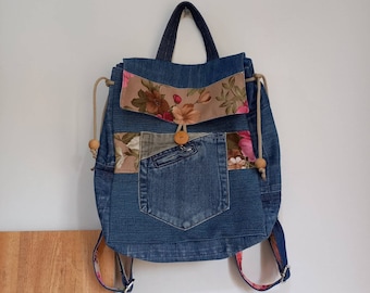 Handmade Original Design Upcycled Jeans Denim Drawstring Backpack Floral Lining Upcycled Denim Backpack: Handmade Floral Patchwork Jeans Bag  main image 3