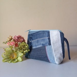 Unique Patchwork Denim Pouch, Boho Zippered Upcycled Wristlet Cosmetic Bag for Travel, Makeup Bag with Pocket, Jean Purse for Women & Girls