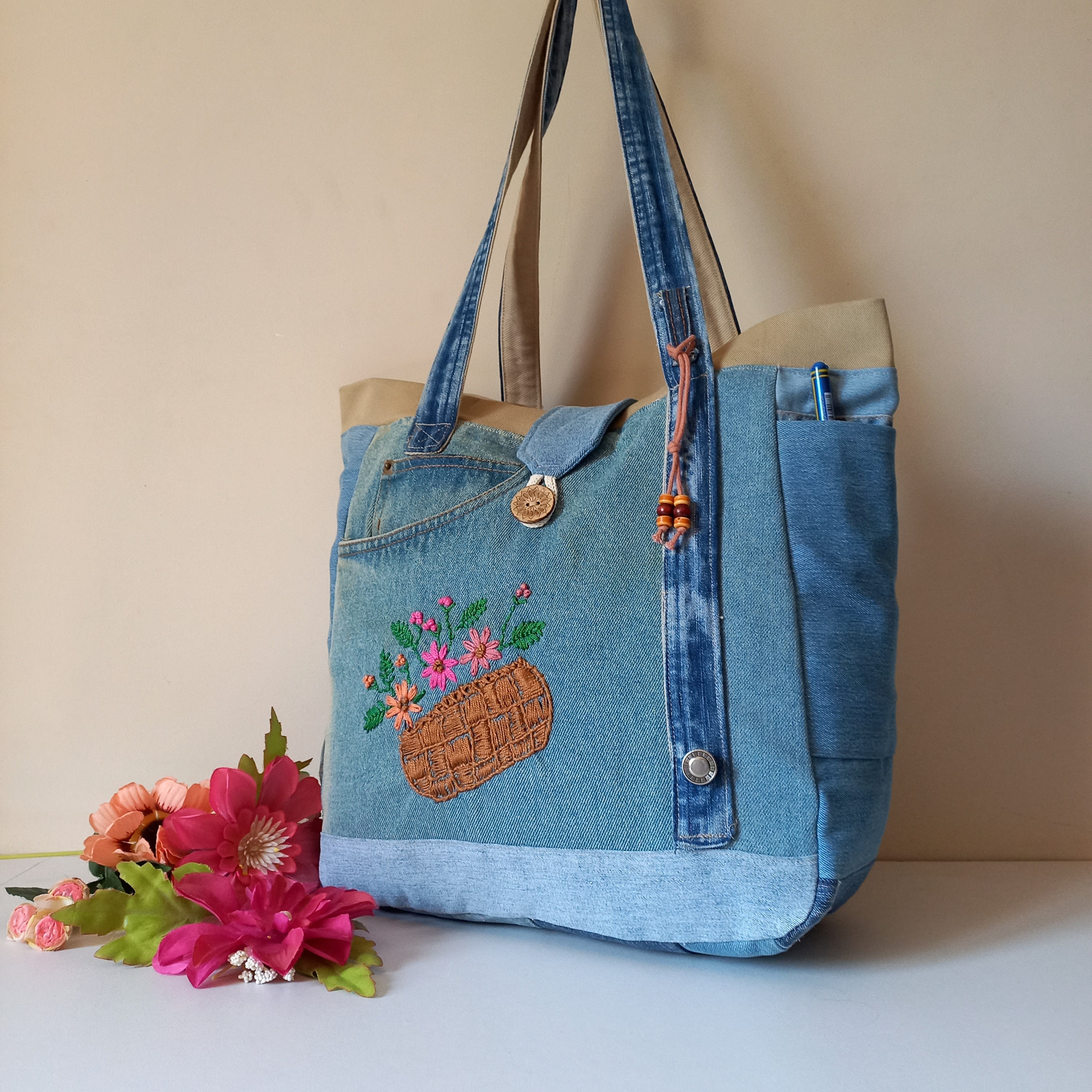 Embroidered Tote Bag, Upcycled Denim Bag, Oversized Tote Bag Large