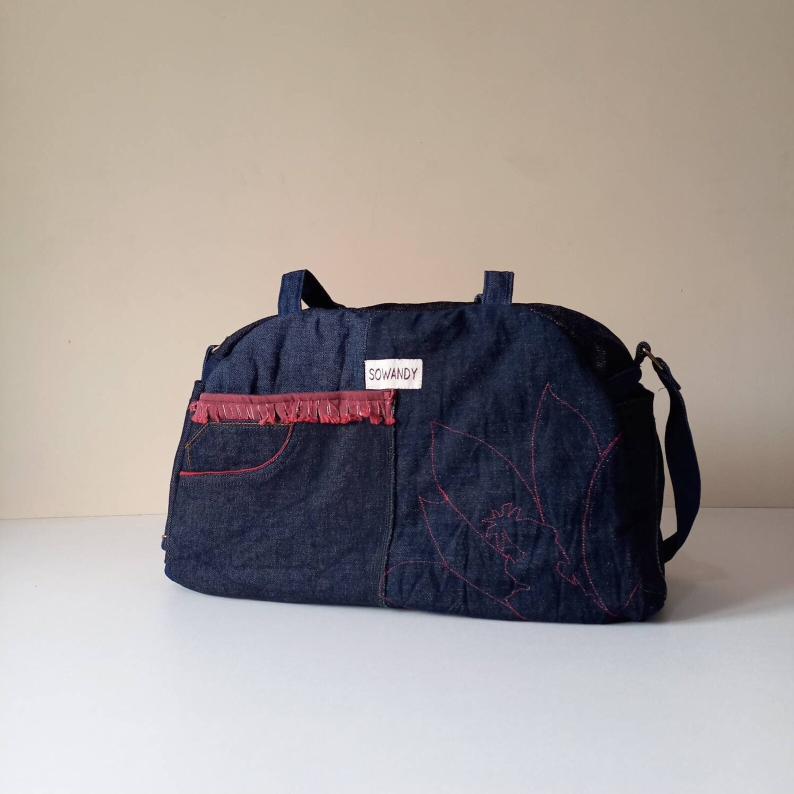 Handmade Frayed Denim Duffel Bag With an Adjustable Bag Strap Etsy