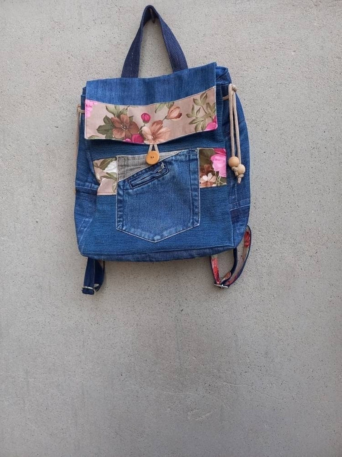 Upcycled Denim Patchworked Backpack floral Handmade Backpack Etsy