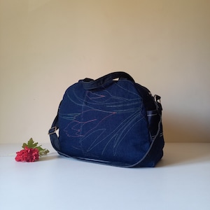 Floral Denim Duffle Bag: Upcycled Weekender Travel Bag