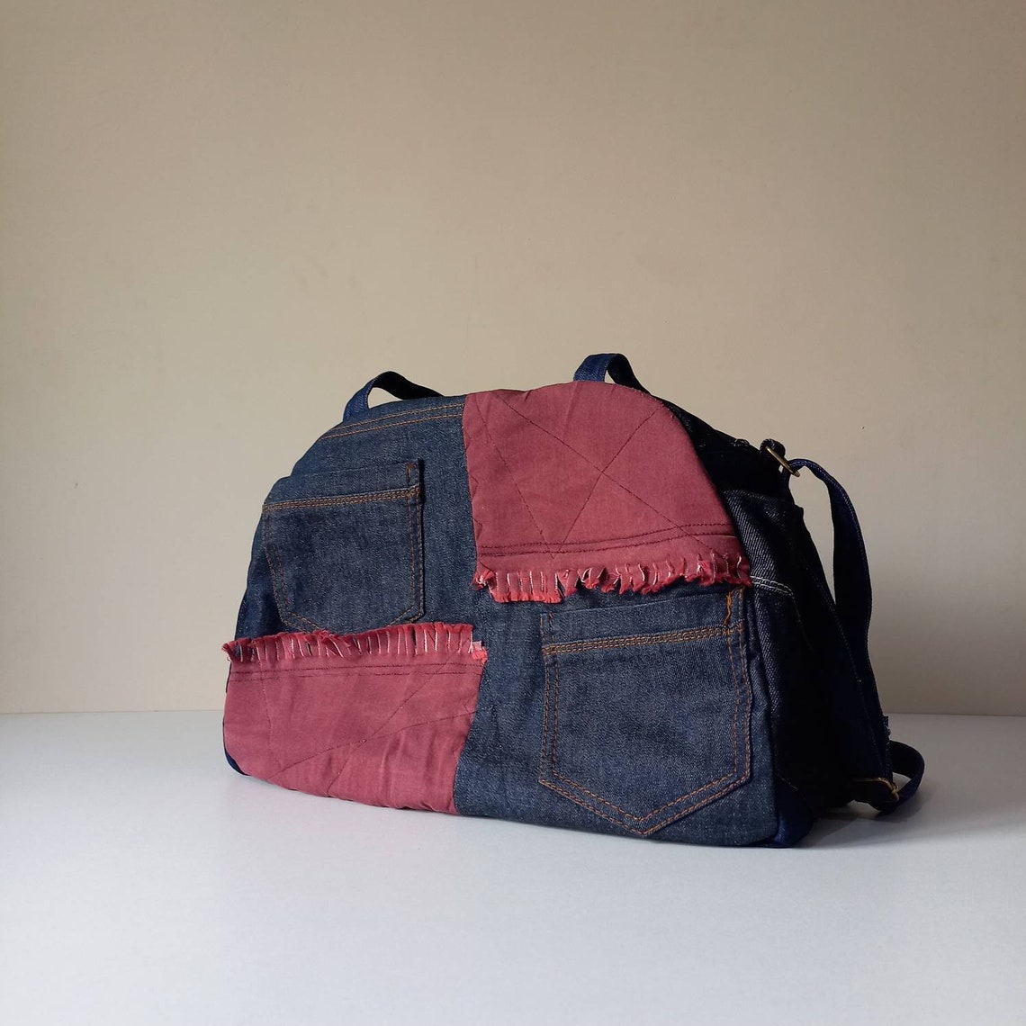 Handmade Frayed Denim Duffel Bag With an Adjustable Bag Strap Etsy