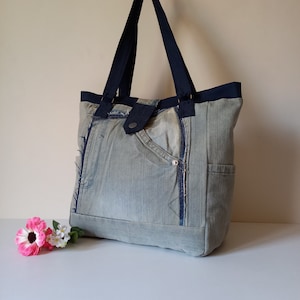 Handmade Upcycled Denim Tote Bag: Multi-Pocket Shopper Handbag