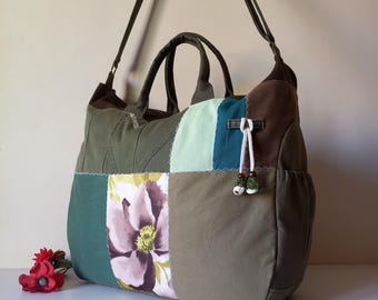 Einzigartige Patchwork-Reisetasche, Krankenhaustasche, geräumige Tasche, Upcycling-Jeanstasche, Sporttasche, große Umhängetasche
