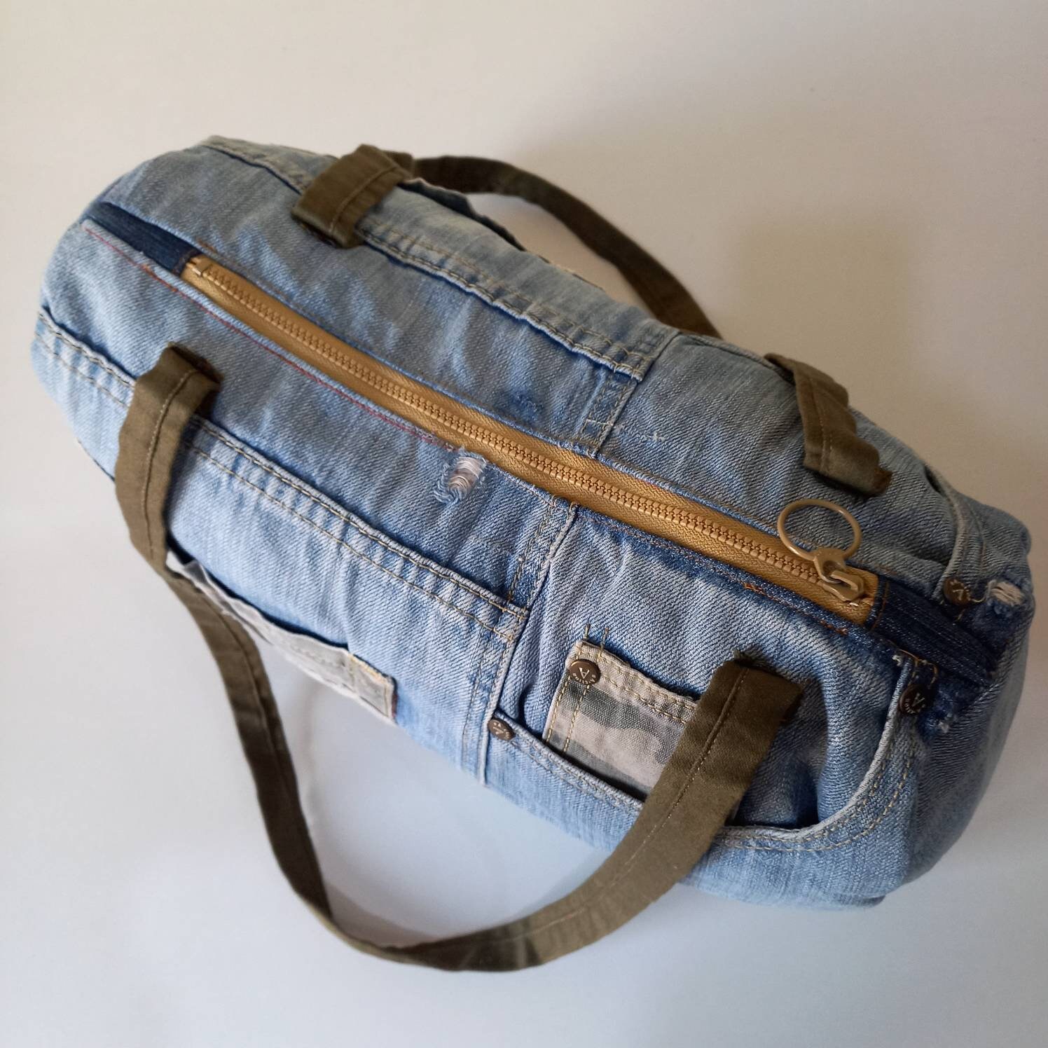 Upcycled Denim Duffel Multipockets Recycled Travel Duffle Etsy