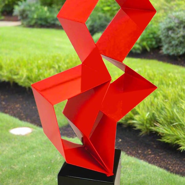 Modern Stainless Steel Abstract Sculpture, Glossy Red & Black, Indoor/Outdoor