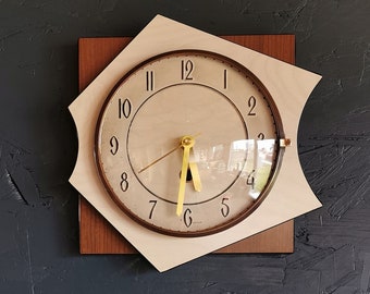 Vintage formica clock silent asymmetrical wall pendulum "Bicolor wood"