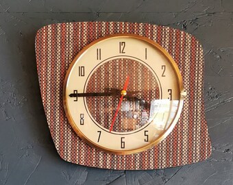 Vintage silent wall pendulum clock 60s "Striped terracotta mocha cream"