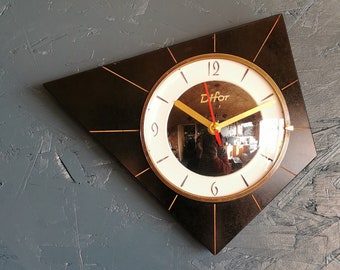 Vintage formica clock silent asymmetrical wall pendulum "Difor black lines"
