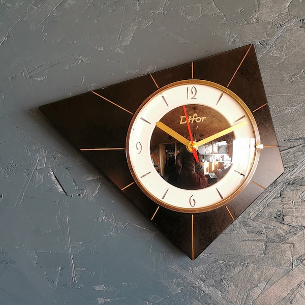 Vintage formica clock silent asymmetrical wall pendulum "Difor black lines"