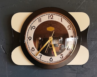 Vintage formica clock rectangular silent wall pendulum "Carrez black white"