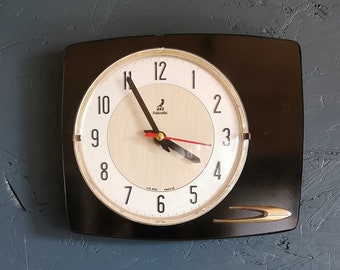 Vintage Formica clock rectangular silent wall pendulum "Jaz black maple"