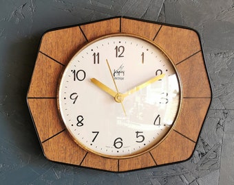 Horloge formica vintage pendule murale silencieuse hexagonale "Japy bois lignes"