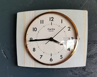 Horloge formica vintage pendule murale silencieuse rectangulaire "Carita bleu pastel"