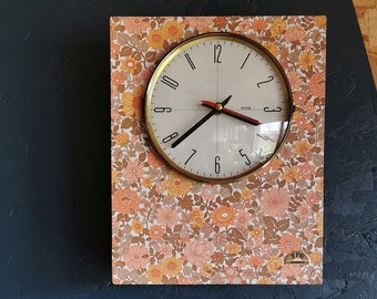 Vintage formica clock rectangular silent wall pendulum "FFR Morbier flowers"