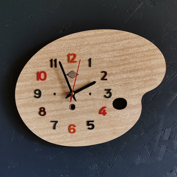 Horloge formica vintage pendule murale silencieuse palette peintre "Jura bois"