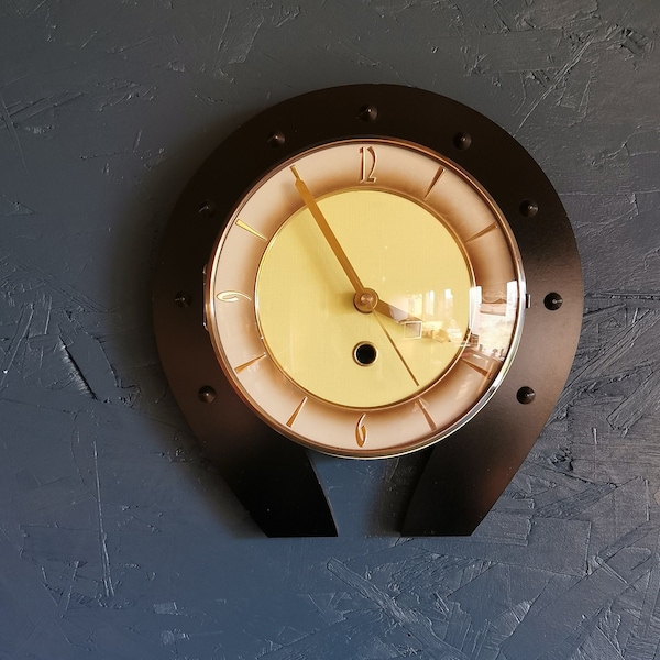 Horloge formica vintage pendule murale silencieuse fer cheval "Jaune noir"