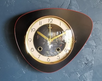 Vintage formica clock asymmetric silent wall pendulum "FFR black red"