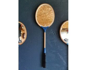 Vintage badminton racket oval wall mirror "Sevenseas blue wood"