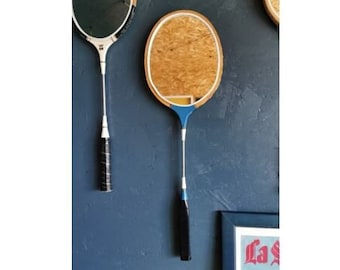 Espejo de pared ovalado madera metal raqueta de bádminton vintage "Madera azul"