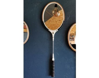 Oval wall mirror wood metal vintage badminton racket "M black and white"