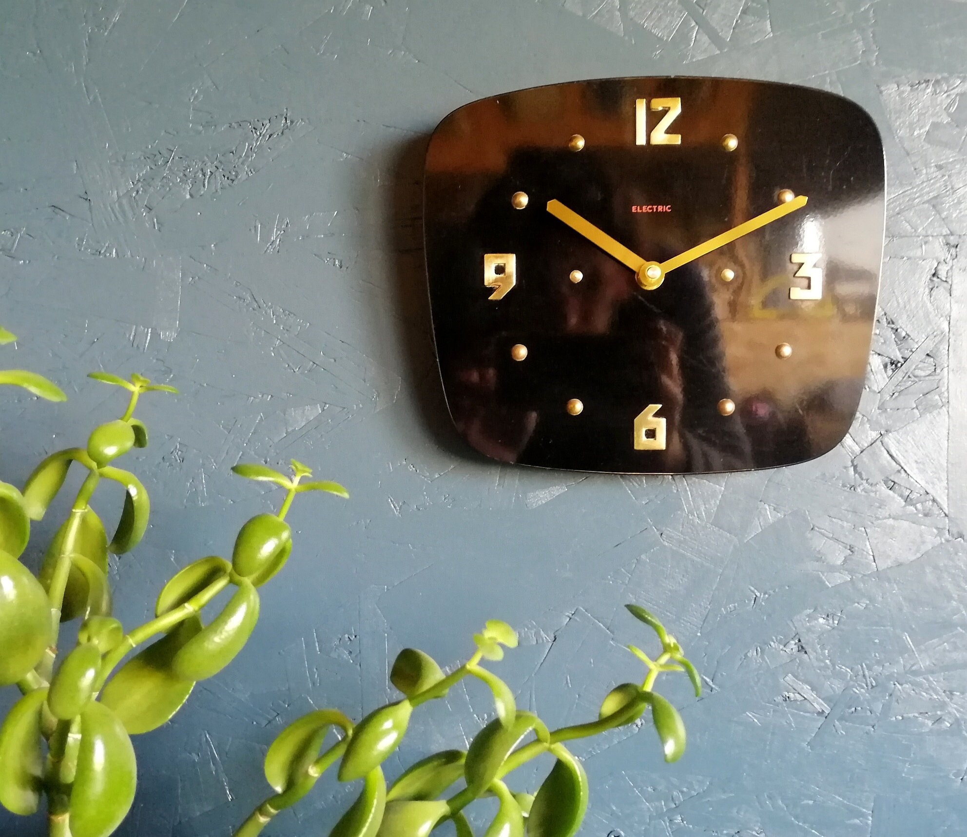 Horloge Formica Vintage Pendule Murale Silencieuse Rectangulaire Electric Noir Doré