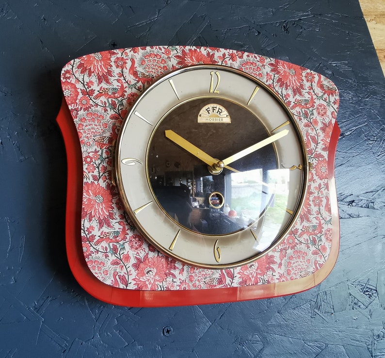 Vintage formica clock silent wall pendulum FFR Morbier red black image 2