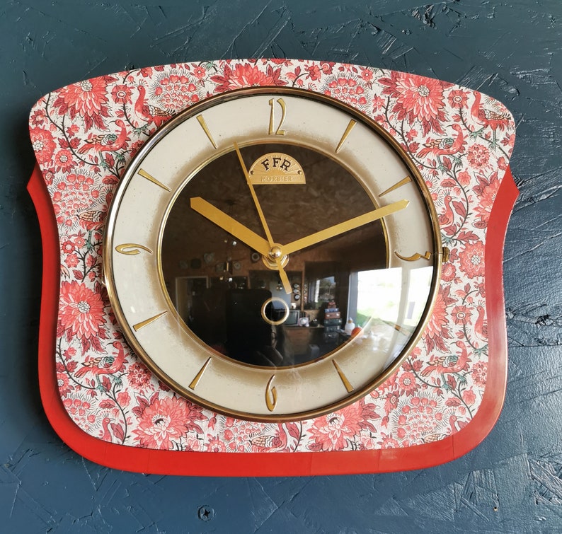 Vintage formica clock silent wall pendulum FFR Morbier red black image 8