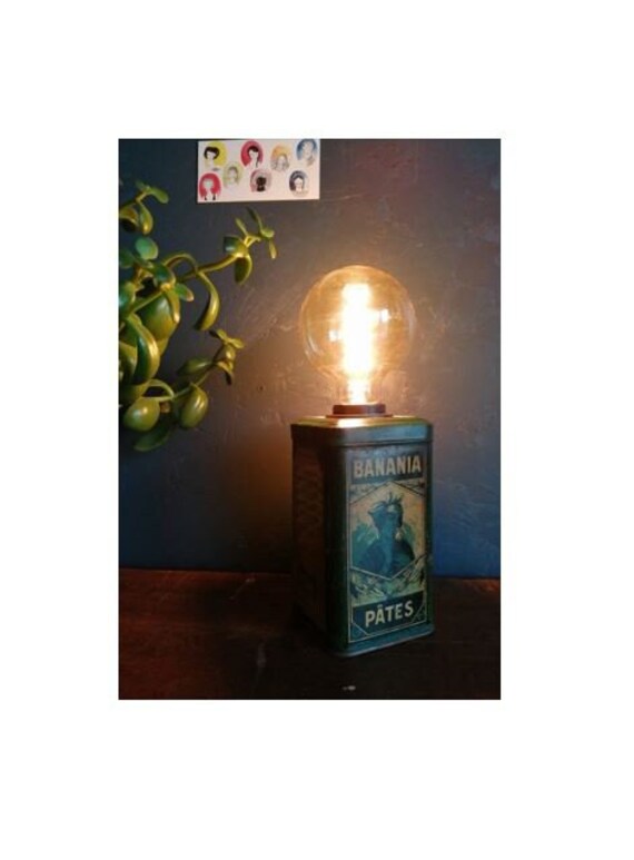 Lampe Vintage Chevet Salon Bureau Boîte en Fer Bleu Vert Banania Pâtes