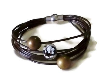 Handmade Layered Leather Bracelet: Metal & Flower Glass Beads, Magnetic Clasp
