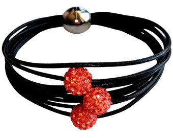 Layered Leather Shamballa Bead Bracelet: Handmade Magnetic Clasp