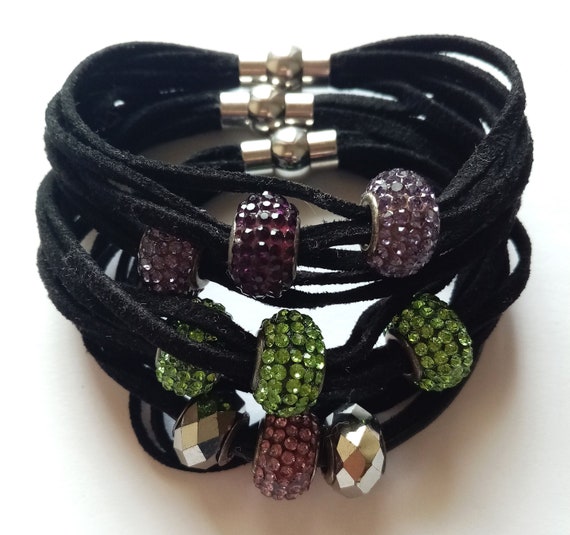 Handmade Suede Layered Bracelet: Strass Beads, Magnetic Clasp
