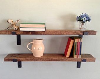 Farmhouse-style bracketed shelves with a rustic design