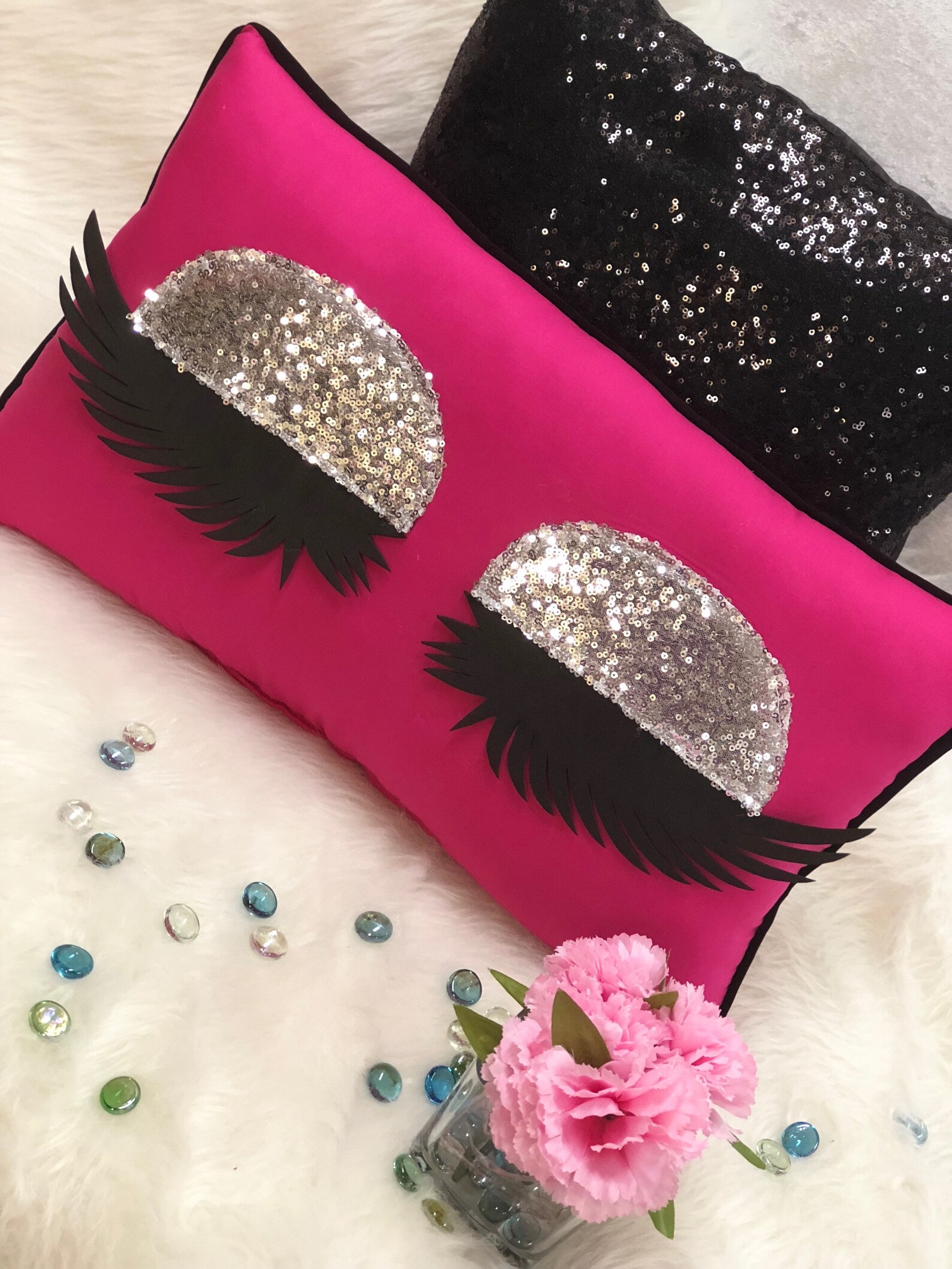 Hot Pink Eyelash Pillow Handmade Eyelashes silver Sequin Etsy