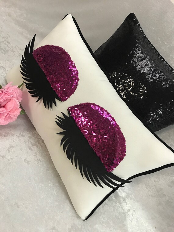 Hot pink Eyelash Pillow Handmade STUFFED Hot Pink GLITTER Throw Pillow