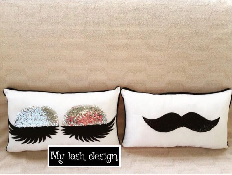 Mr /& Mrs Pillow Eyelash Pillow Handmade Eyelashes Mustache Pillow Sequin Eyeshadow Pillow Make up Pillow wedding decor