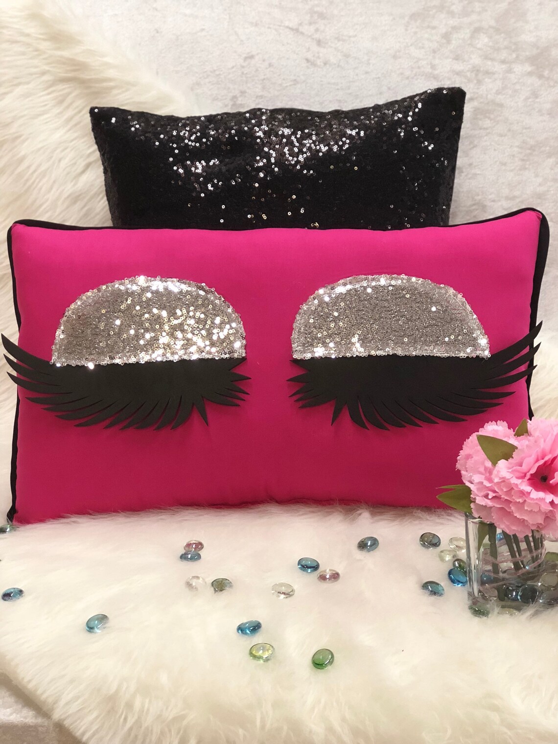 Hot Pink Eyelash Pillow Handmade Eyelashes silver Sequin Etsy