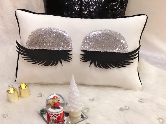 Silver Eyelash Pillow Handmade Glitter Eyelash Lipstick Pillow Case