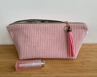 Pink ribbed velvet makeup bag. School pencil case . Makeup kit.