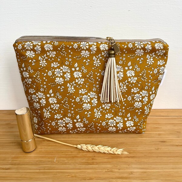 Quilted makeup bag in mustard Liberty Capel.