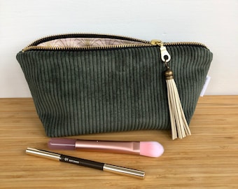 Makeup bag in khaki green ribbed velvet. School pencil case . Makeup kit.